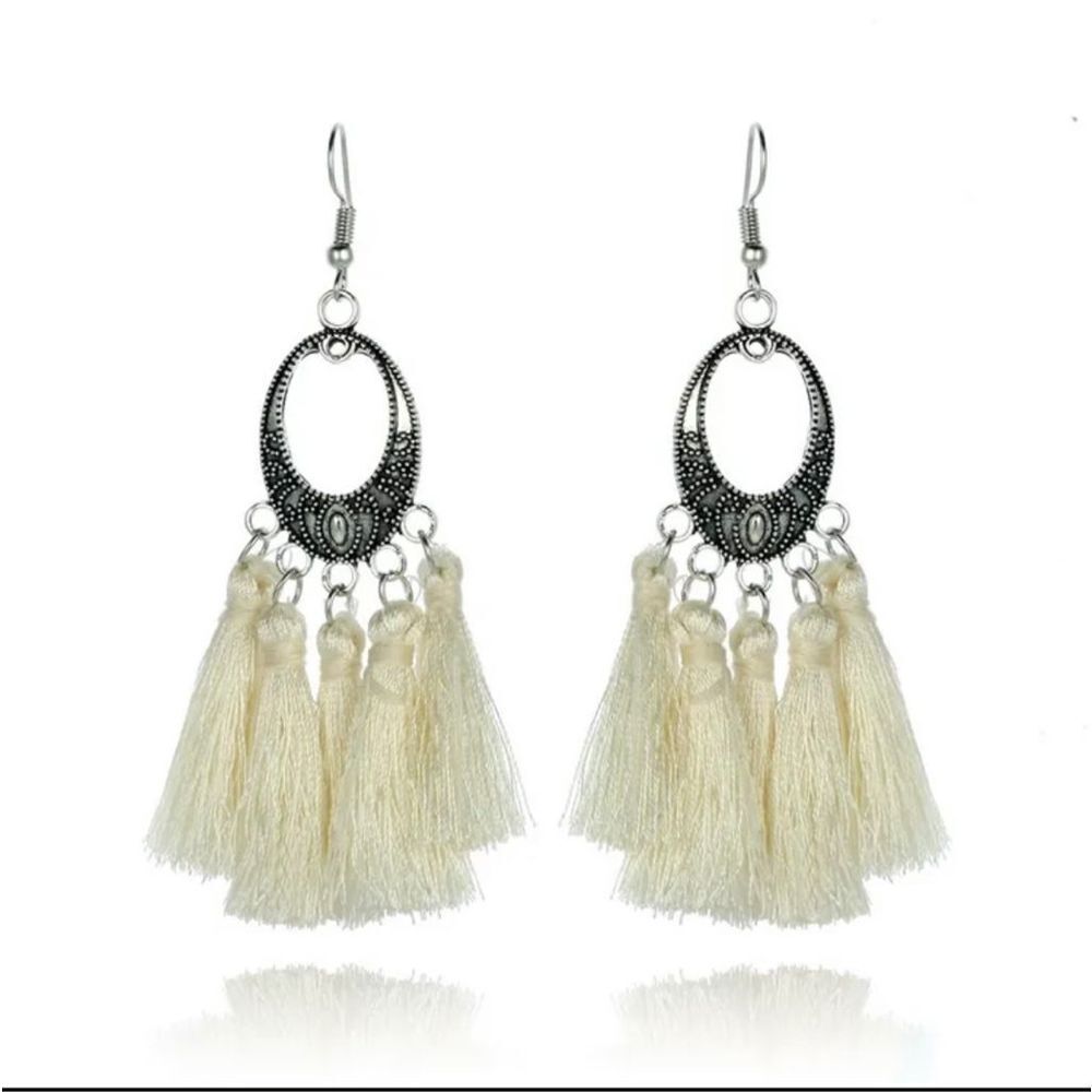 Ethnic style long tassels alloy rice bead earrings